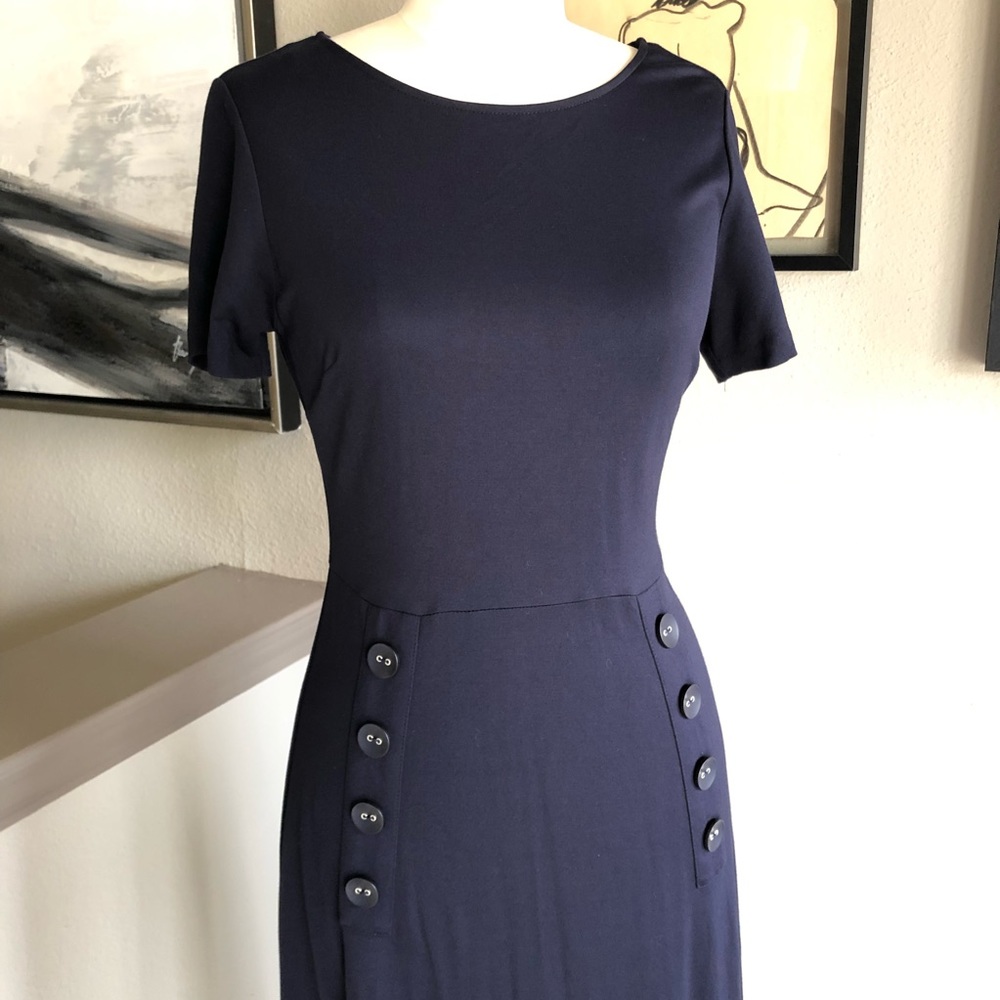 NANETTE LEPORE navy blue knit midi dress with nautical sailor buttons